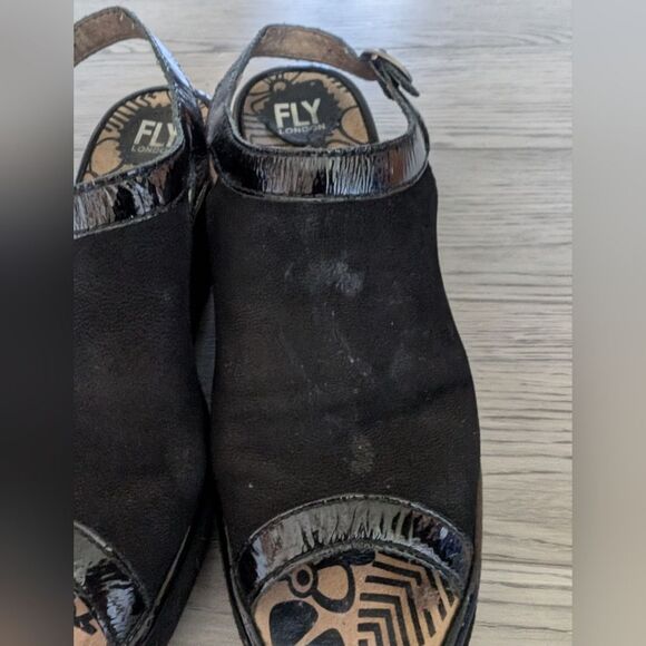 Fly London Pyle Wedges Pumps Black Open Peep Toe Buckle Size 40 (9.5) - Picture 2 of 9